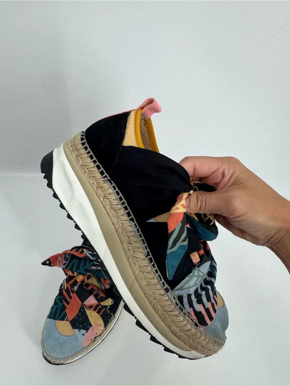 Free People Chapmin Espadrille Sneakers Platform Ribbon Lace Suede Jute